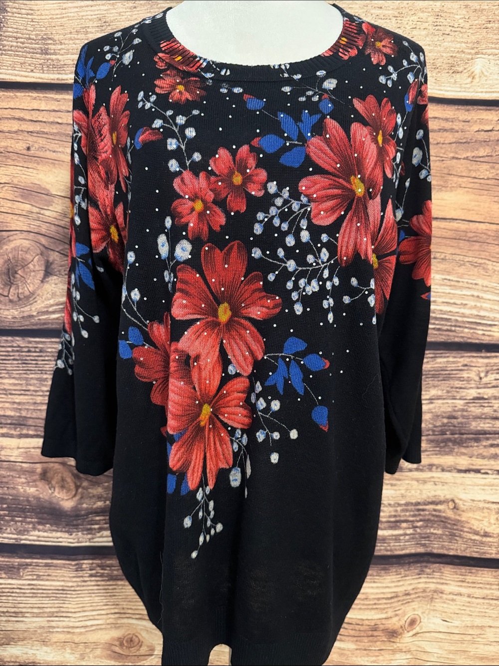 Cathy Daniels Black Sweater with Red Floral and Blue Leaf Accents